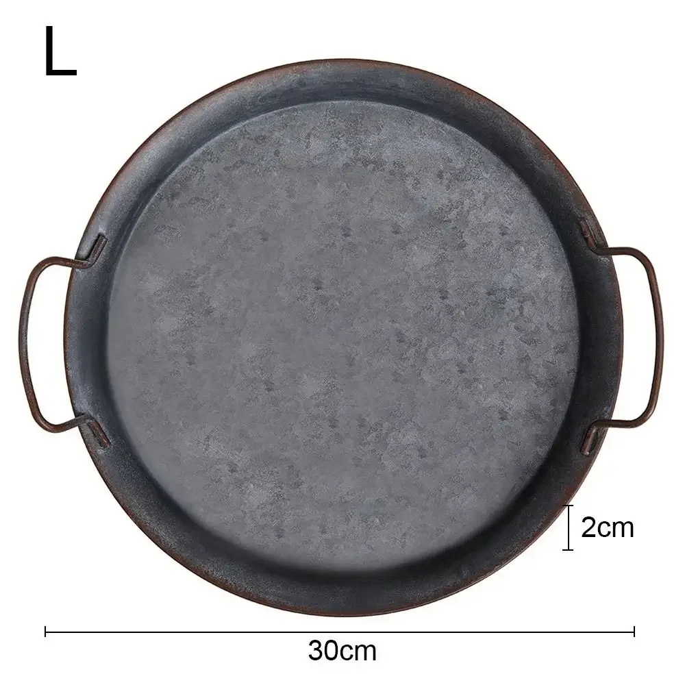 High quality Metal Bread Tray With Handle Old Iron Home Decor Tableware Plate with handle round tray for food & home photo prop 6