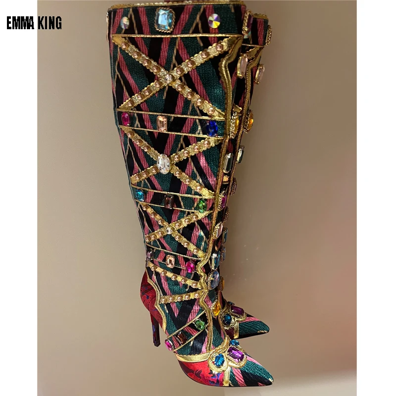 

Pointed Toe Rhinestone Knee High Boots Zipper Sexy Belt Buckle High Heel Shoes Sequins Bling Diamonds Women Party Dress Booties