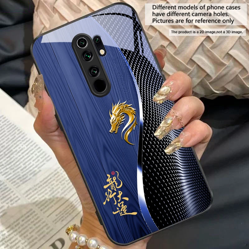 Elegant Black Tempered Glass Phone Case with Traditional Dragon Totem Design