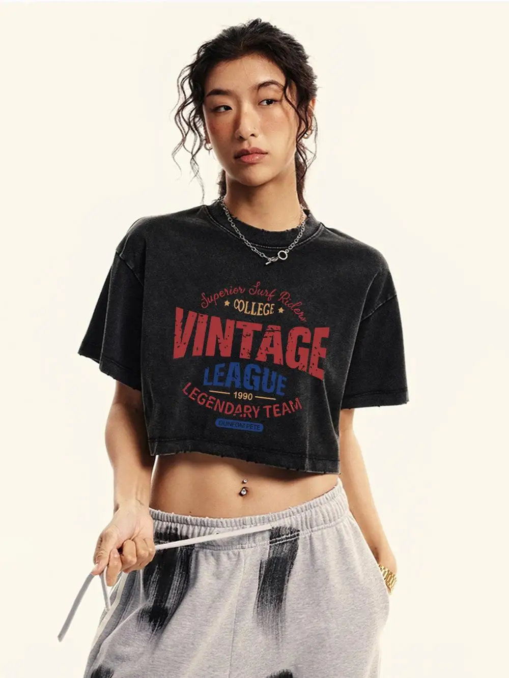 Frau Baumwolle Ernte Gewaschen T-Shirts Vintage League Brief Drucke Kurzarm Lose Oansatz Distressed Tops Weibliche Straße Kleidung
