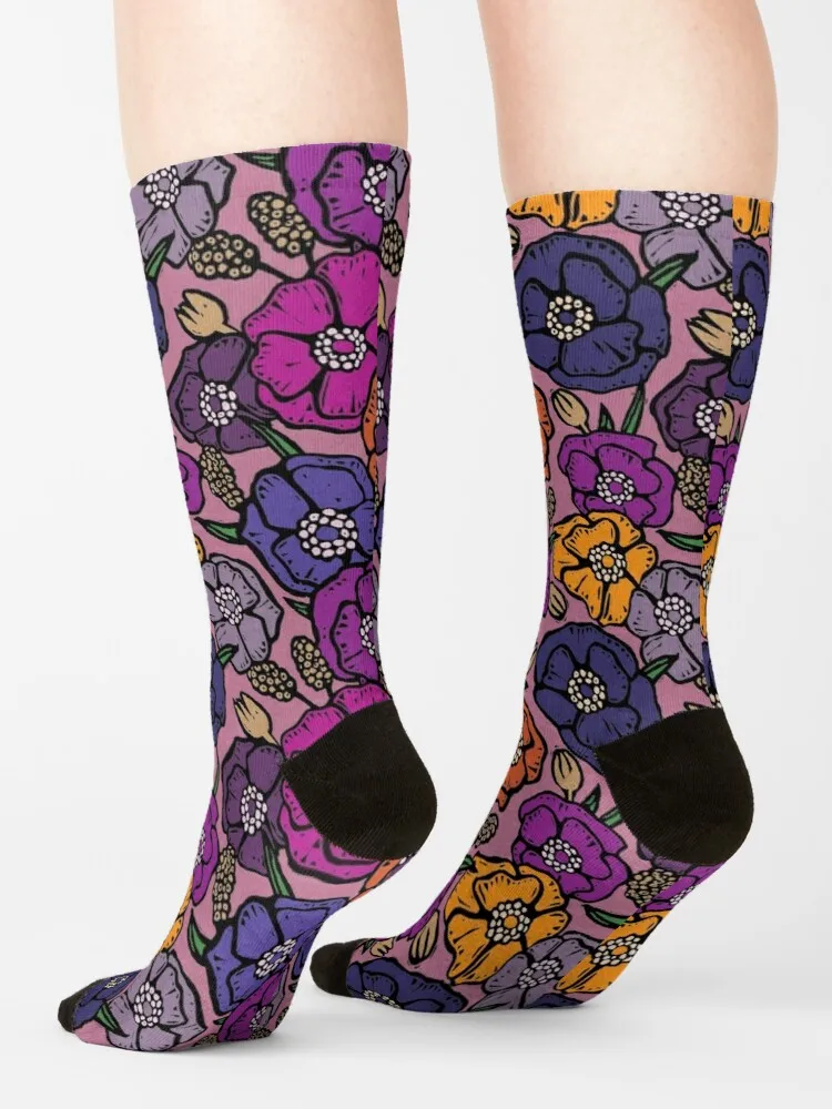 Purple Seventies inspired vintage flowers Socks Luxury Socks