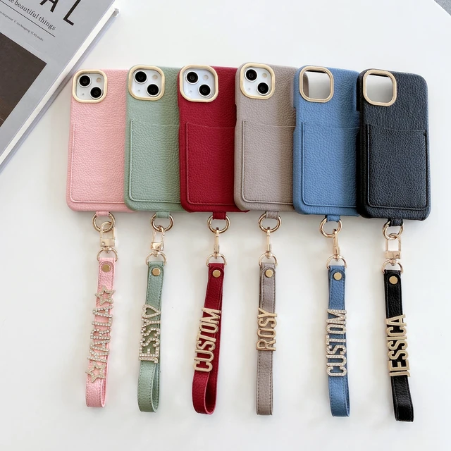 PERSONALIZED Leather Wallet Case With Mirror Custom Name Engraved  Cardholder with Crossbody Strap For iPhone 15 Pro Max 13 12 11 - AliExpress