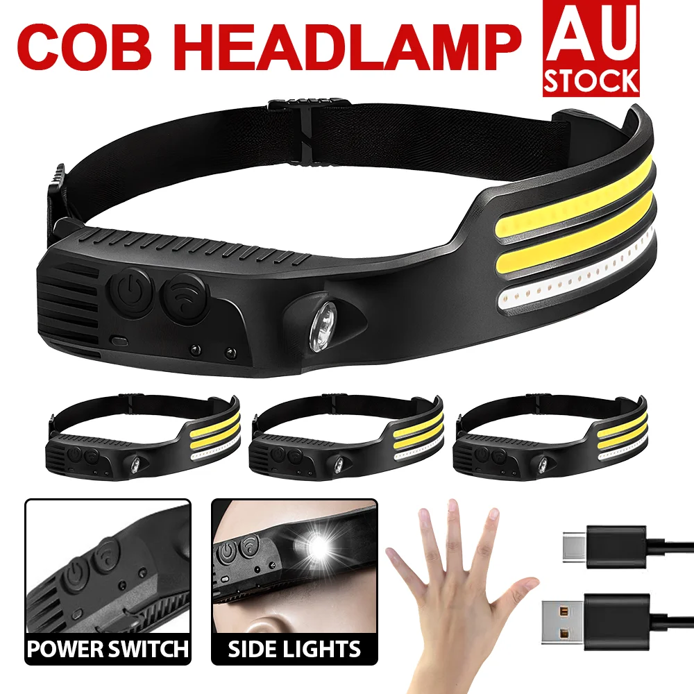 Waterproof 3COB LED Motion Sensor Head Torch Headlight USB Rechargeable Headlamp