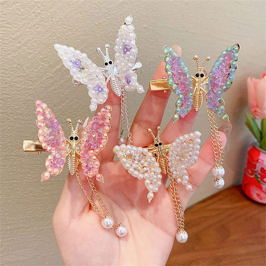New moving butterfly hairpin for women Fashion sweet pearl crystal bangs duck bill hairpin Headwear for children and girls gift