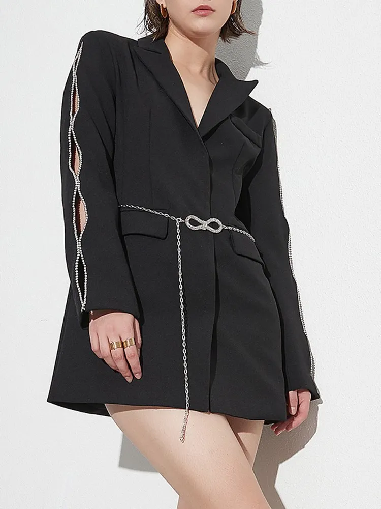 KBQ Spliced Chain Hollow Out Blazer For Women Notched Collar Long Sleeve Patchwork Diamonds Temperament Folds Blazers Female New