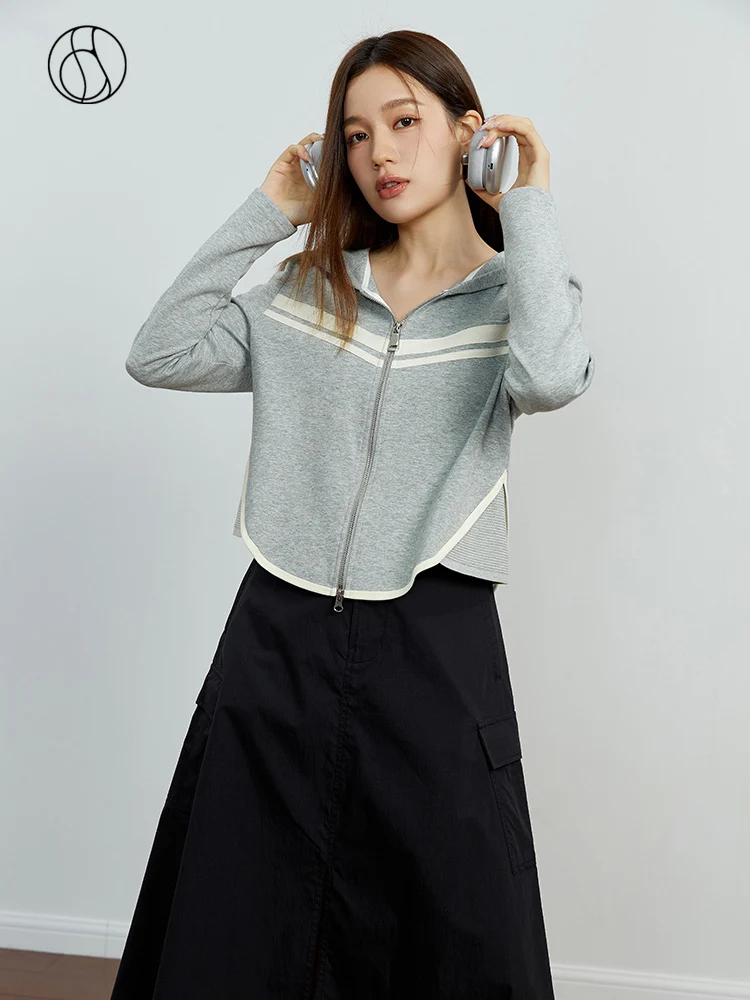

DUSHU Simple Sports Style Retro Sweater Cardigan for Women 2023 Autumn Newly Slim Top Trendy Color Contrast Hoodie for Female