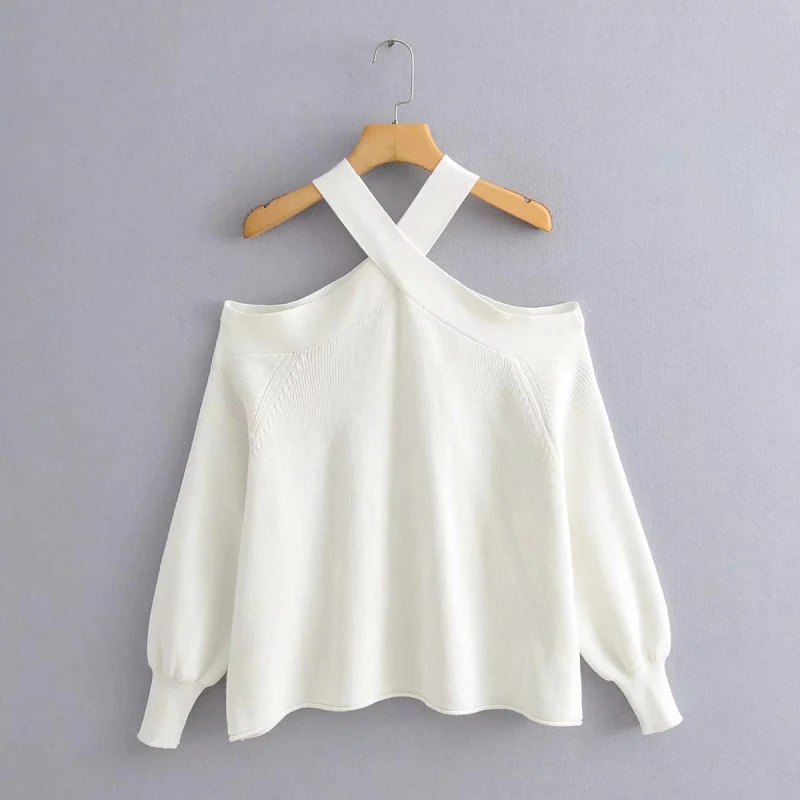 Elegant Sexy Women Sweater Solid Color Full Lantern Sleeve Hollow Out Shoulder Tops 4
