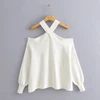 Elegant Sexy Women Sweater Solid Color Full Lantern Sleeve Hollow Out Shoulder Tops 4