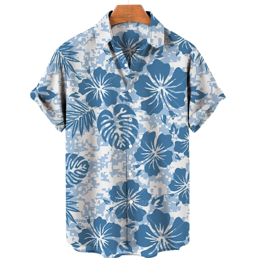 thumbnail image 1 of Camisa hawaiana de lujo para hombre, informal, con estampado de flores en 3D, mangas cortas, talla grande, con múltiples elementos, cuello abatible y botones, 1 of 5