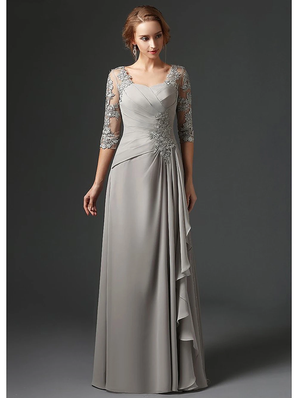 

Silver 2020 Mother Of The Bride Dresses A-line 3/4 Sleeves Chiffon Lace Plus Size Long Elegant Groom Mother Dresses Wedding