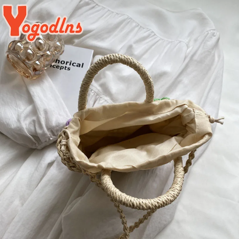 Yogodlns New Straw Woven Women Bag Summer Flower Fashion Woven Bag Handbag Paper Rope Hollow Casual Popular Shoulder Bag