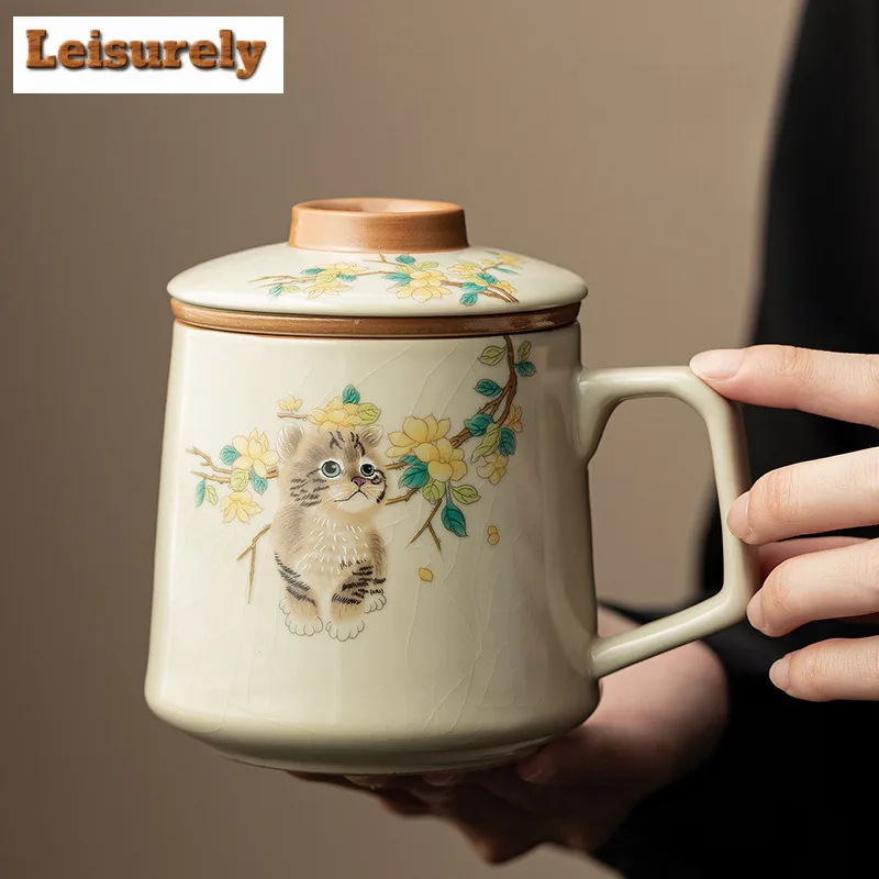 400ml Cute Cat Ru Kiln Porcelain Office Work Cup Antique Filter Tea Separator Cup Can Nourishing Personal Water Mug With Lid