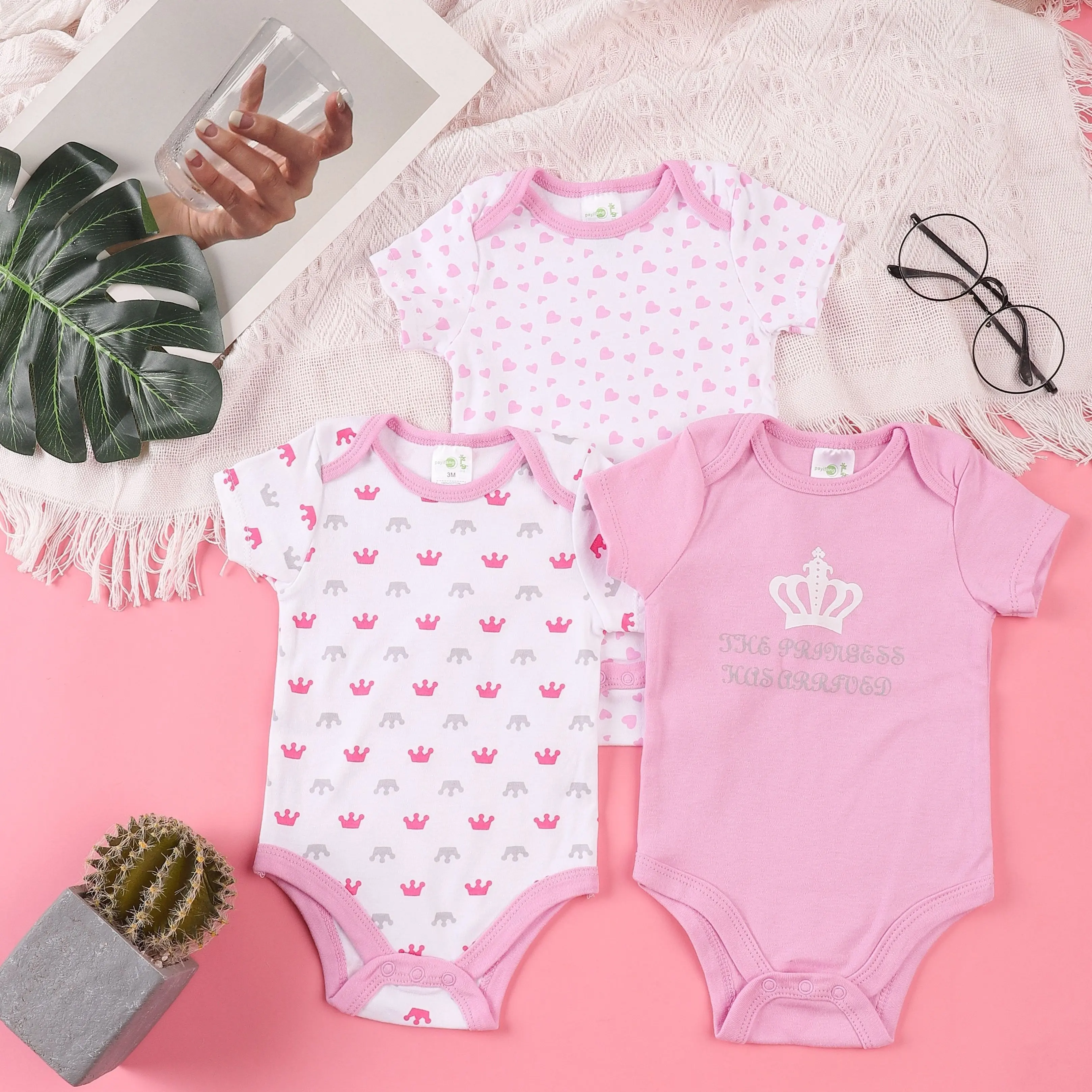 3PCS Summer Boys Girls Cute Pattern Hoodie Set Short Sleeved Triangle Jumpsuit Newborn Cotton Comfortable Pajamas cotton romper
