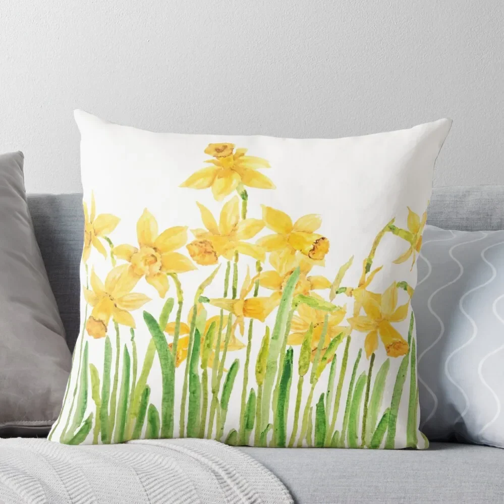 yellow daffodils field watercolor Throw Pillow Sofa Cushion Ornamental Pillow