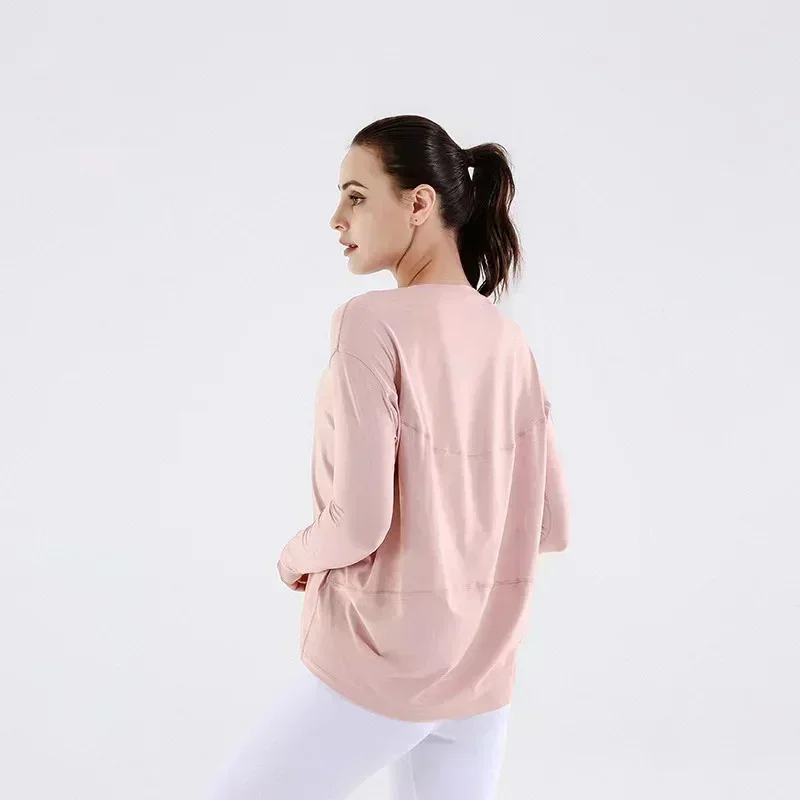 Lemon Women Summer Breathable Comfortable Sports Solid Color Round Neck Long Sleeve Gym Running Fitness Dance Loose Yoga Top