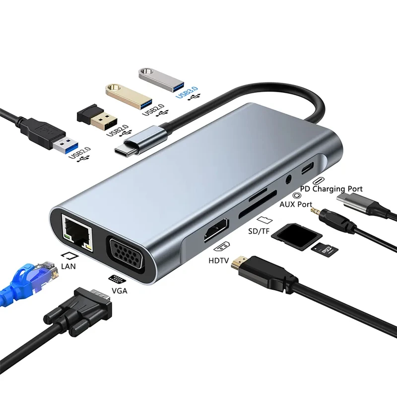 Type C Hub 11-in-1 Type-c USB 3.0 Multi-Port Laptop Docking Station Type C to 4K HDMI VGA PD RJ45 100M Gigabit NIC Adapter