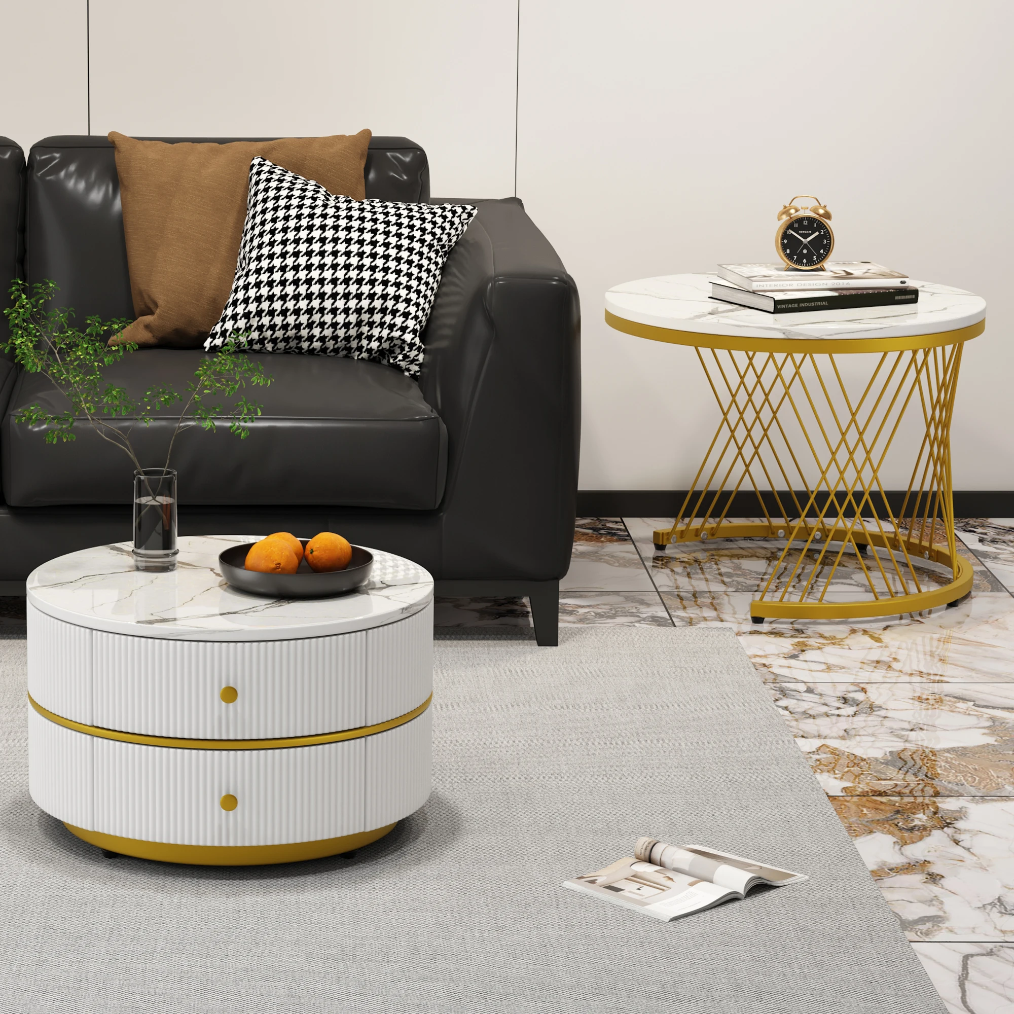 KOMHTOM 2-teiliges Nest-Couchtisch-Set - Runde Tische 60x60x46cm & 50x50x31cm mit hochglänzender Marmoroptik, 2 Schubladen – Detail 4
