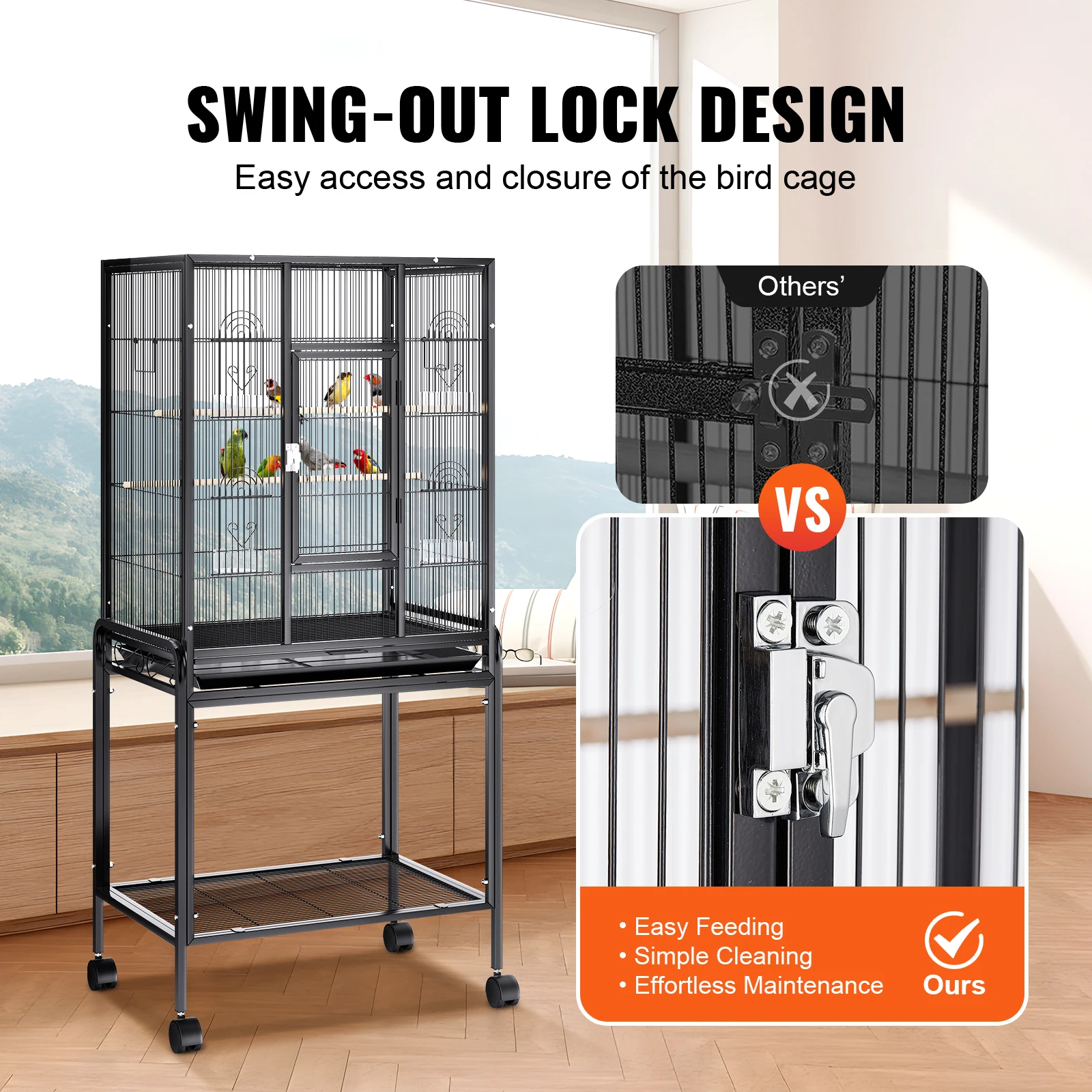 52/54 inch Standing Flight Bird Cage Carbon Steel Parakeets Cages Rolling Stand Tray for Cockatiels Parrots