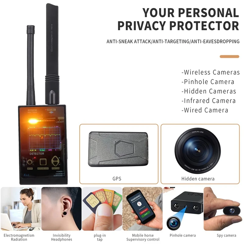 X11 Anti Camera Bug Detector GPS Tracker RF 2/3/4/5G Signal Scanner Listening Devices Finder