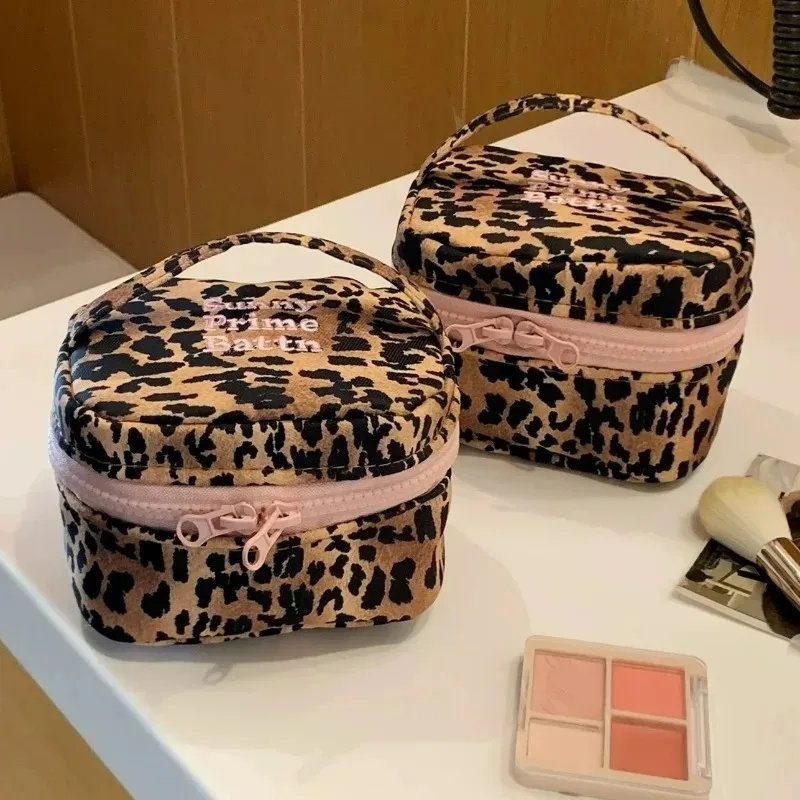 Cute Pink Leopard Print Makeup Bag - Portable Travel Cosmetic Organizer