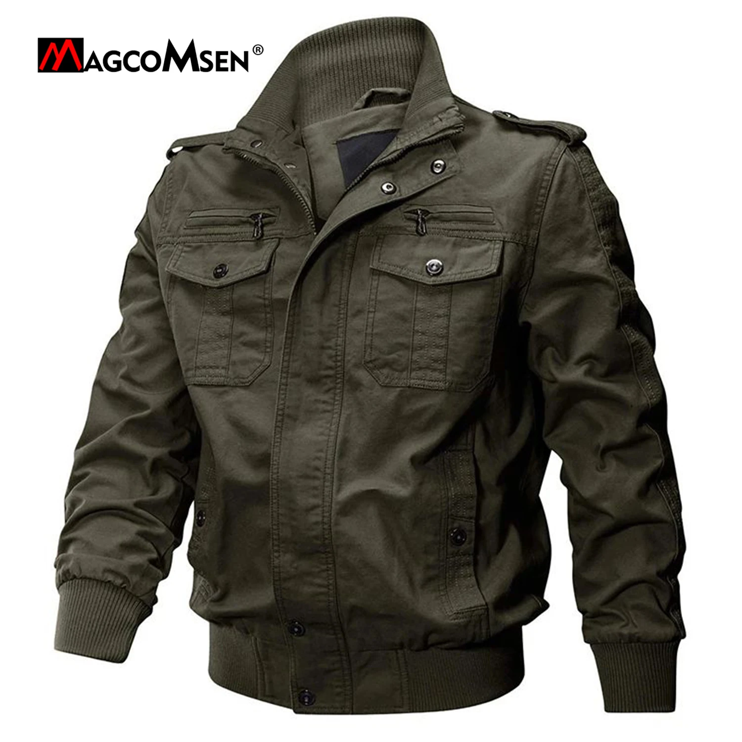 MAGCOMSEN Men's Bomber Pilot Jacket Autumn Standing Collar Windproof Jacket with Multiple Pockets 1