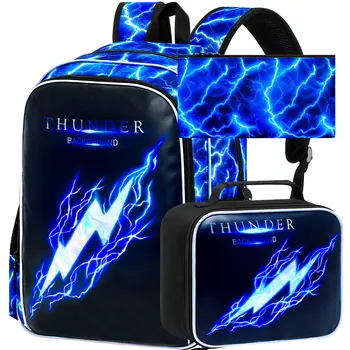 3Pcs Backpack for Boys, Lightning Kids Bookbag with Lunch Box, 17" School Backpacks for Elementary Preschool Kindergarten 1