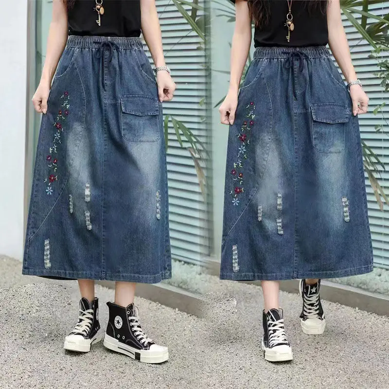 

Chinese Style Embroidered Denim Skirts For Women Popular Large Size 2023 Summer High Waist A-Line Skirt Midi Saias Jeans Z1928