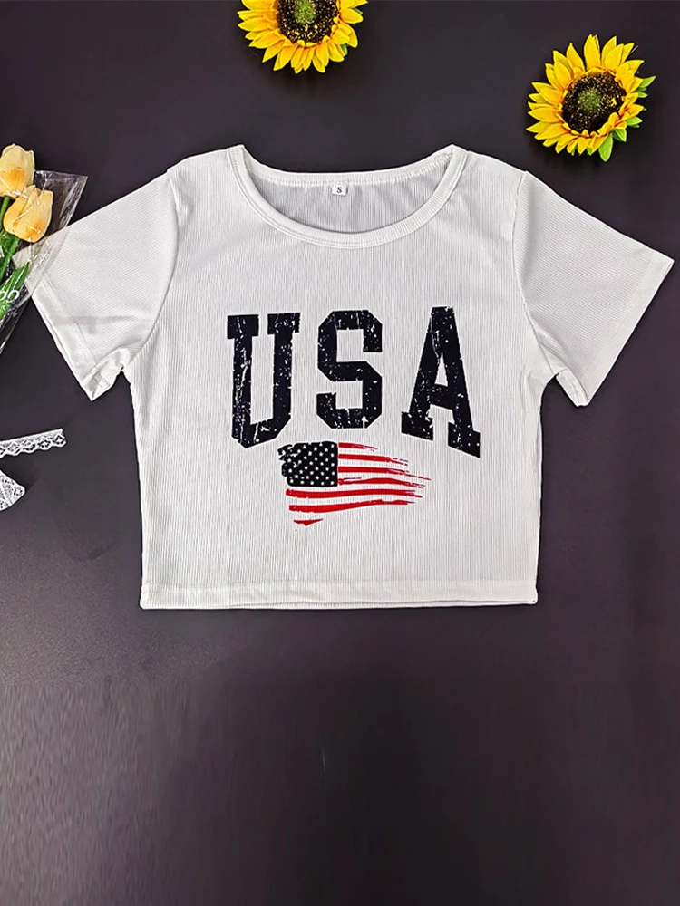 

Women's Y2K sexy baby T-shirt American flag print T-shirt Harajuku slender short sleeves