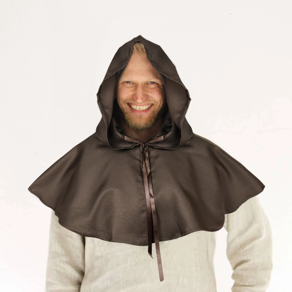 Halloween Cosplay Costume Solid Color Stand Collar Hooded Brown Death Cape Medieval Cloak Role-playing LARP Props