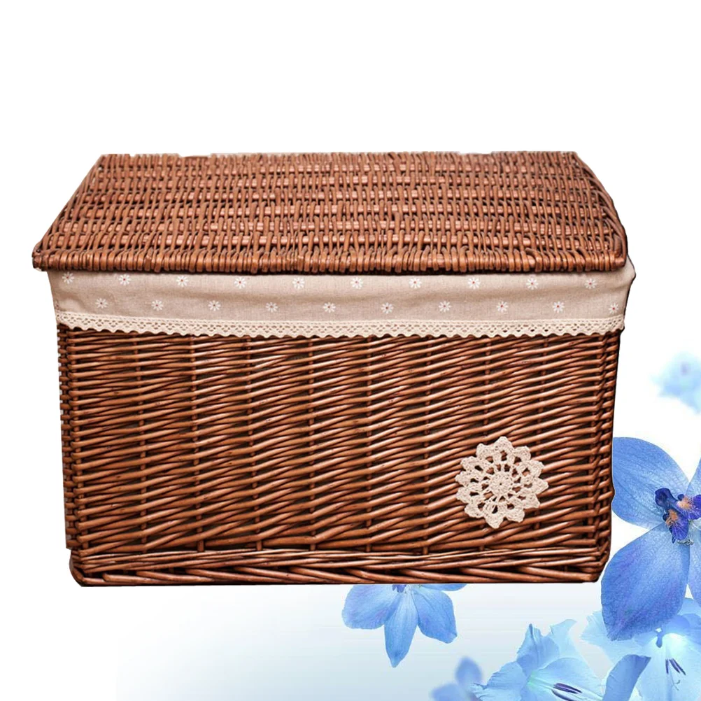 

Wicker Basket with Cover Rattan Woven Basket Storage Box for Bedroom Living Room Desk (S)