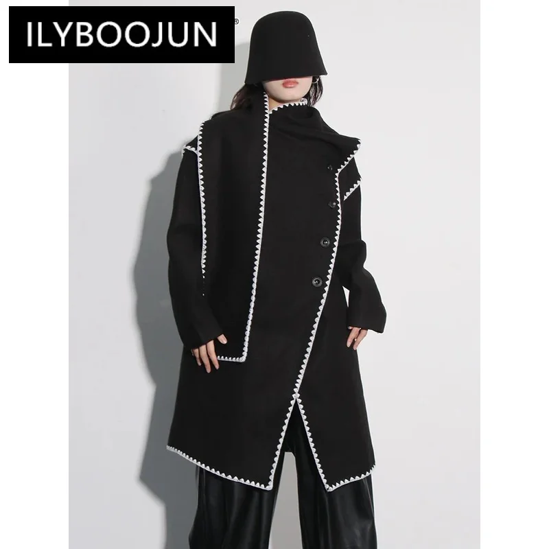 

ILYBOOJUNColorblock Temperament Trench For Women Scarf Collar Long Sleeve Patchwork Button Designer Trenches Female Clothes