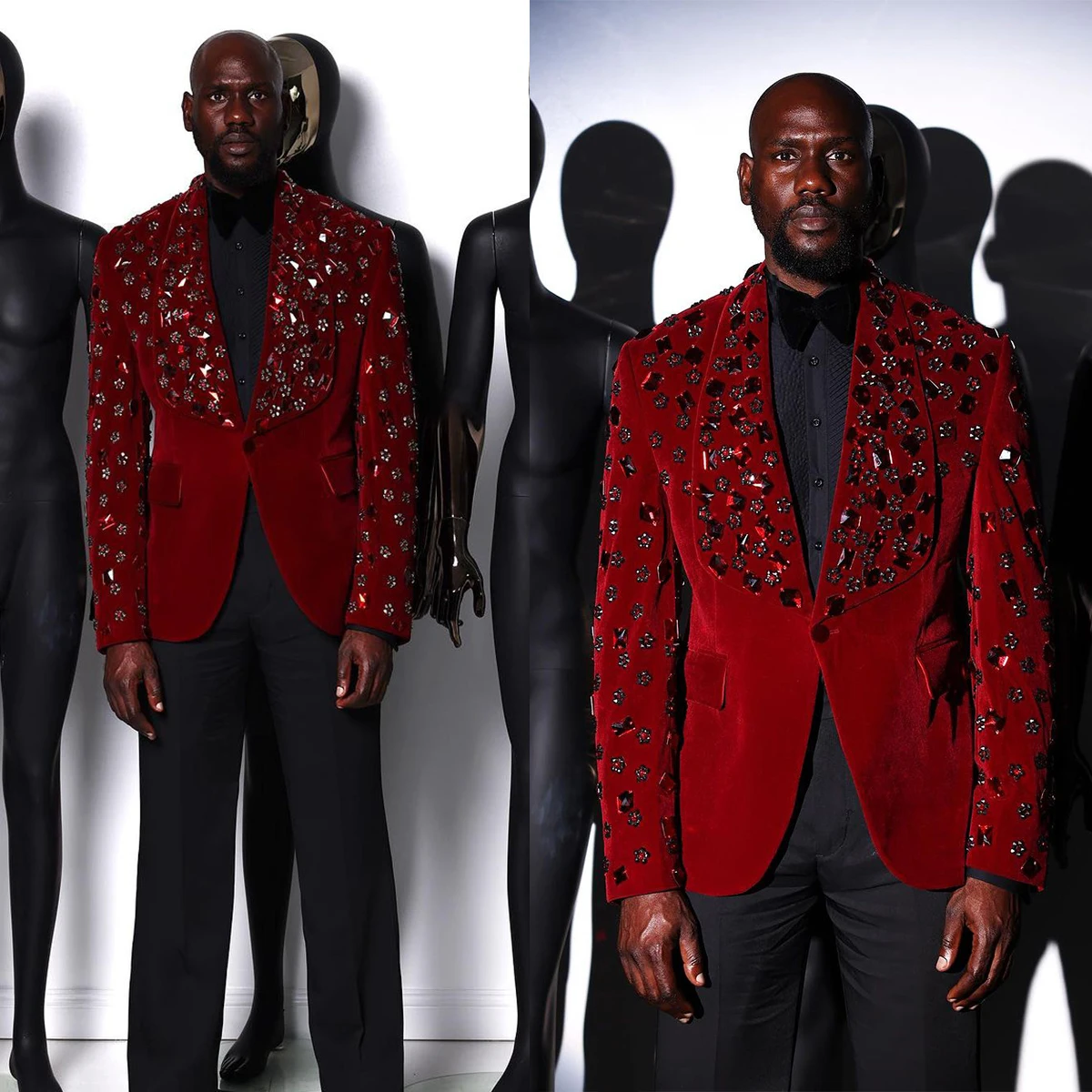 Velvet Red Mens Tuxedos Crystal Beads Jacket Pants Set Wedding Groom Shawl Lapel Business Blazer With Black Pants