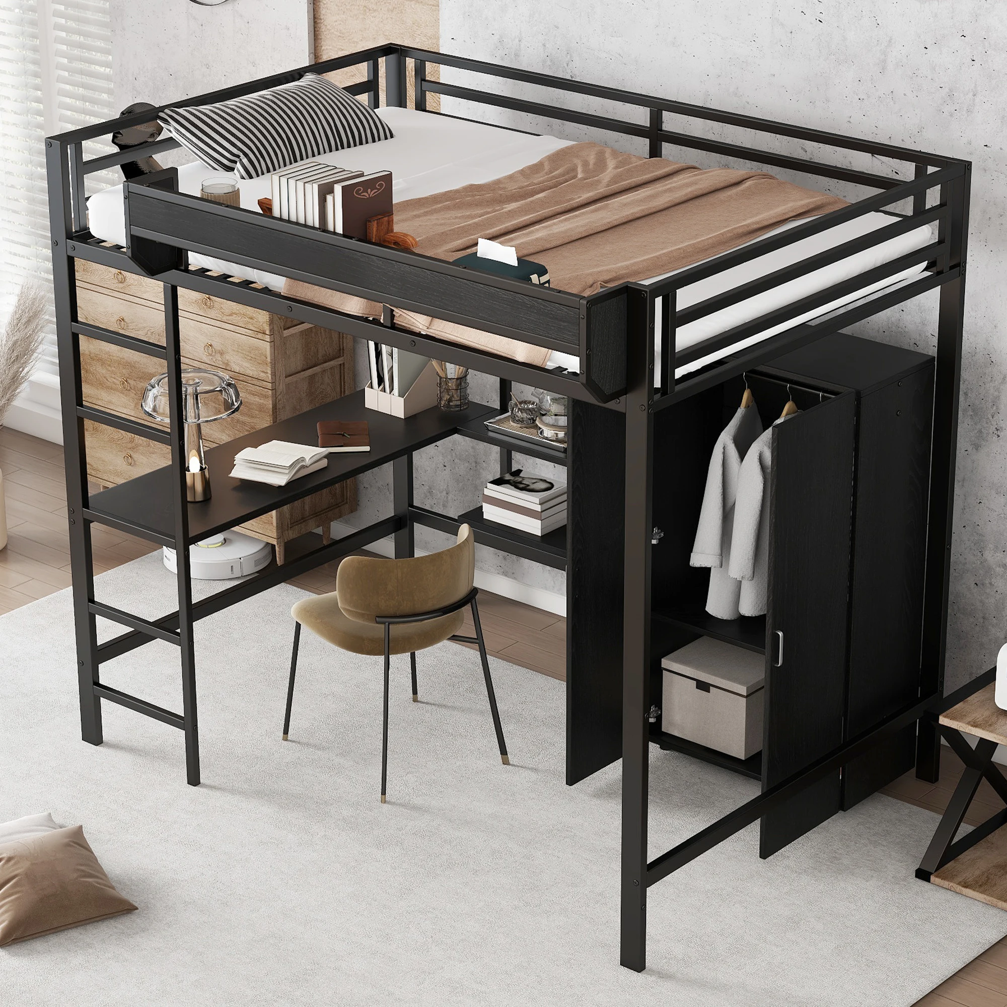 Eisenbett, Hochbett, Doppelstockbett mit Stauraum unter dem Schreibtisch, Oberbett mit Stauraum, mit Kleiderschrank, Eisen + MDF, schwarz, 140x200cm – Detail 7