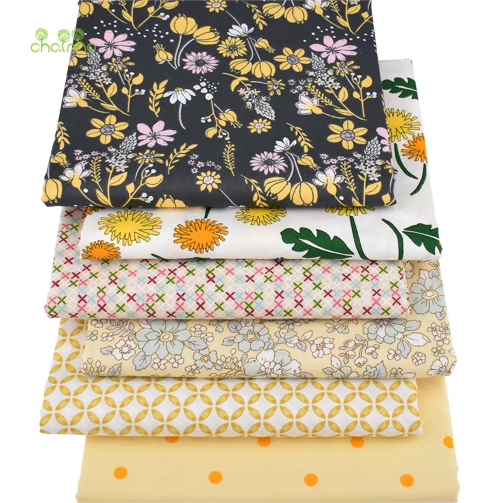Chainho,Printed Twill Cotton Fabric,Patchwork Cloth,DIY Sewing & Quilting Material,Yellow Floral Series,6 Designs,2 Sizes,CC050