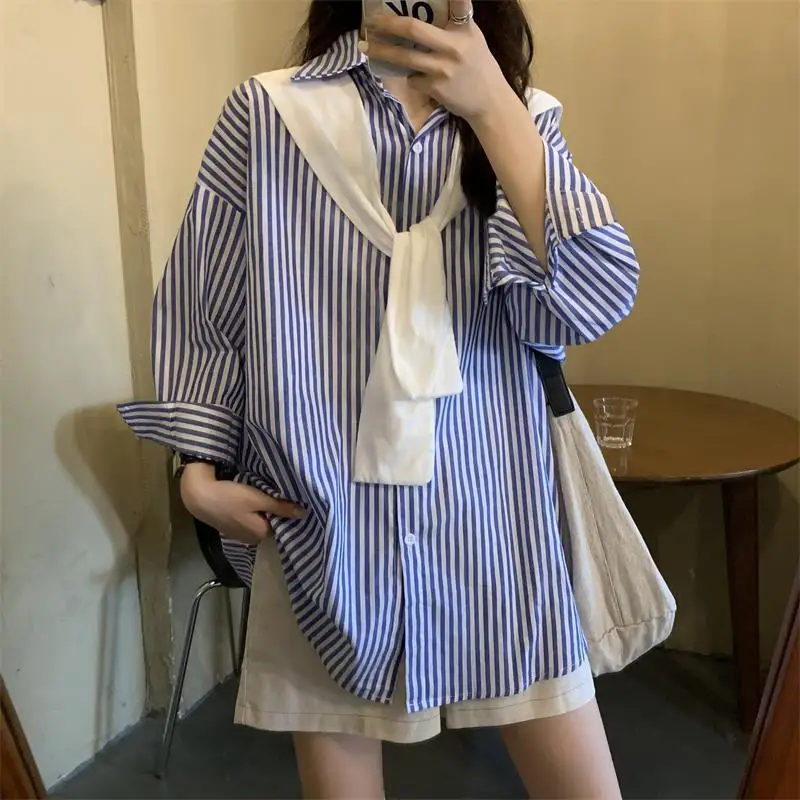 Spring New Striped Loose Shirt Tops Loong Sleeve Medium Length Youth Blouse Korean Style Fashion Women Clothing