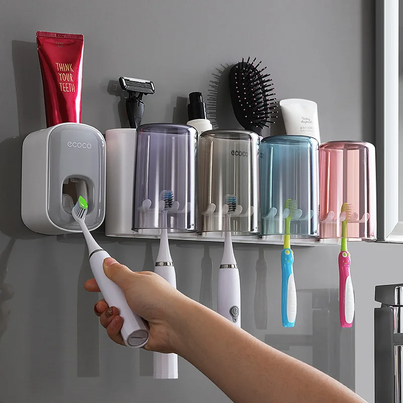 ecoco creative toothbrush rack without punching mouthwash cup wall-mounted bathroom automatic toothpaste squeezer toothpaste squeezer toothbrush holder