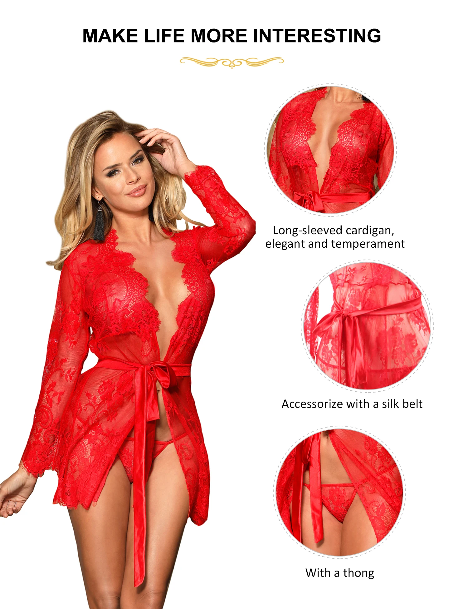 Womens Sexy Robe Plus Size Red Loose Nightwear Hollow Out Pijama Lace Christmas Gown Cardigan Sheer Nightdresses With G-String