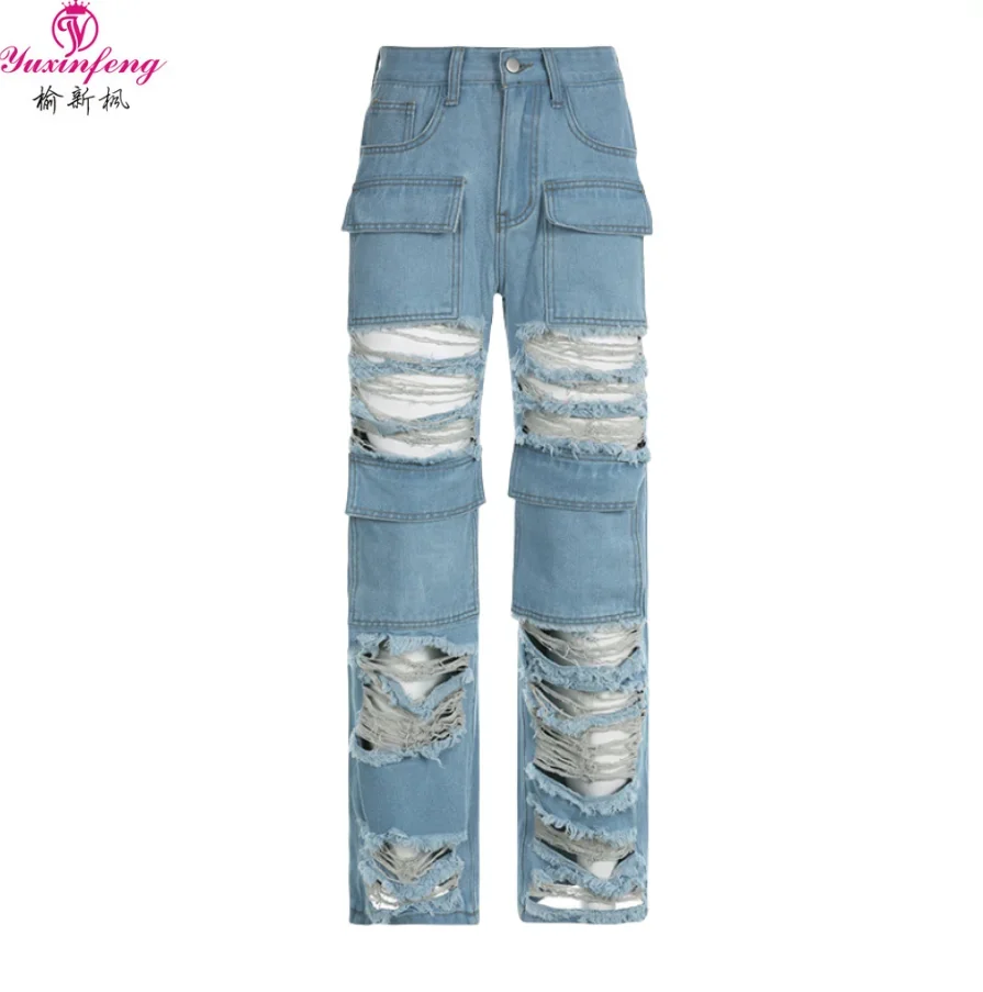 

YuXinFeng Women Fashion Pocket Design Casual Cargo Pants Patchwork Hollow Out Hole Beggar style Straight High Waist Jeans Blue