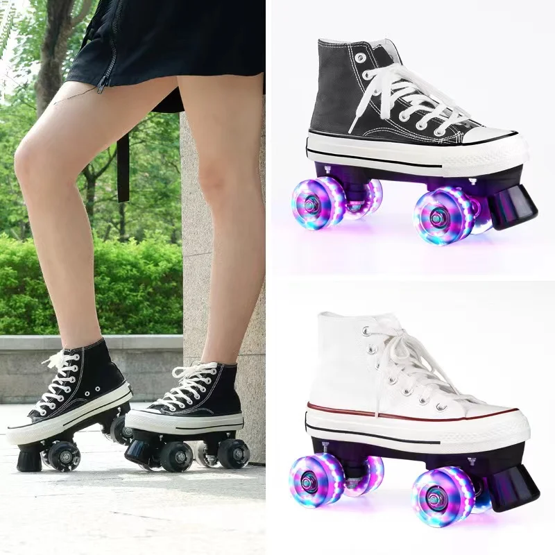 Adult Double-row Roller Skates high-top Classic Canvas Quad Skating Sneakers Four-wheel Boys and Girls Leisure Flash Wheel