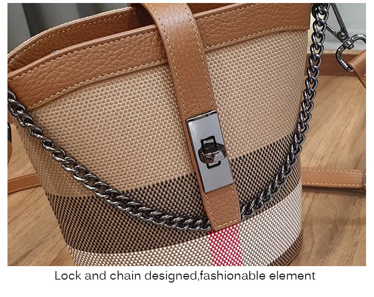 Nuove borse da donna con mini chiusura a catena a spalla intrecciata, tela eccellente con borsa a secchiello a tracolla in vera pelle scozzese_voghion.com