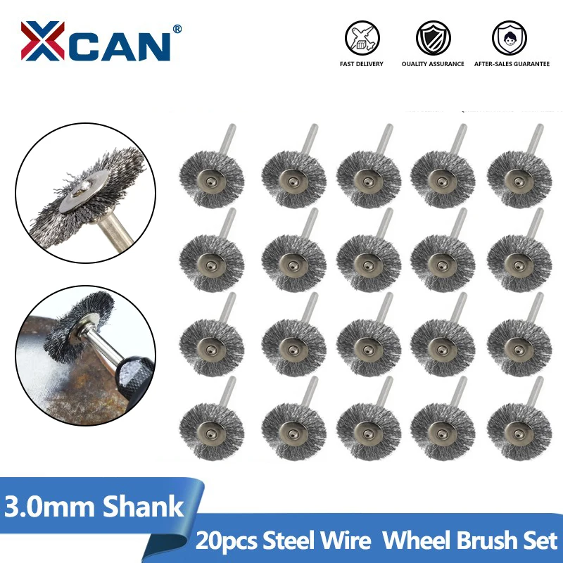 XCAN Zestaw szczotek drucianych ze stali nierdzewnej 20pcs 3.0mm Shank, ścierne do polerowania do narzędzi obrotowych Dremel
