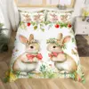 Kawaii Pet Rabbit Duvet Cover Set Full King Spring Botanical Leaves Bedding Set Easter Bunnies Couple Bowknot Print Quilt Cover 1