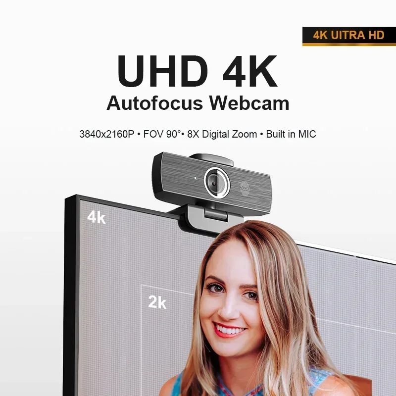4K Webcam USB Webcam Auto Focus Magnetic privacy protection cover Base Dual Mics for Online Class Video Conference PC Computer