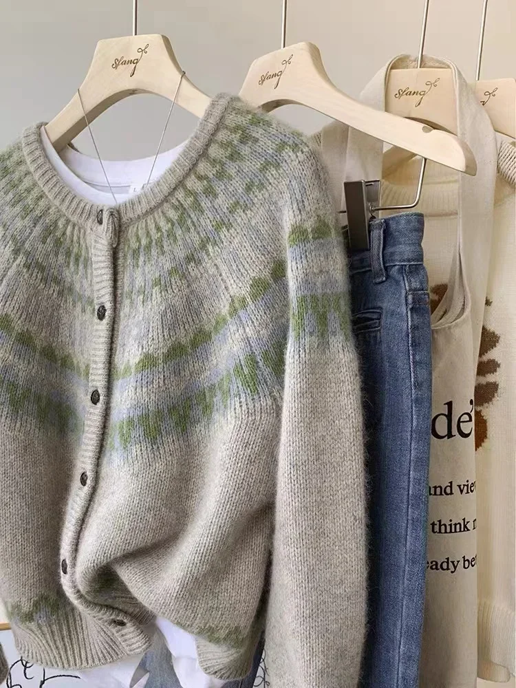 Women Vintage Striped Knitting Long Sleeve Round Neck Cardigans 2023 Winter Fashion Casual Baggy Single Breasted Sweater