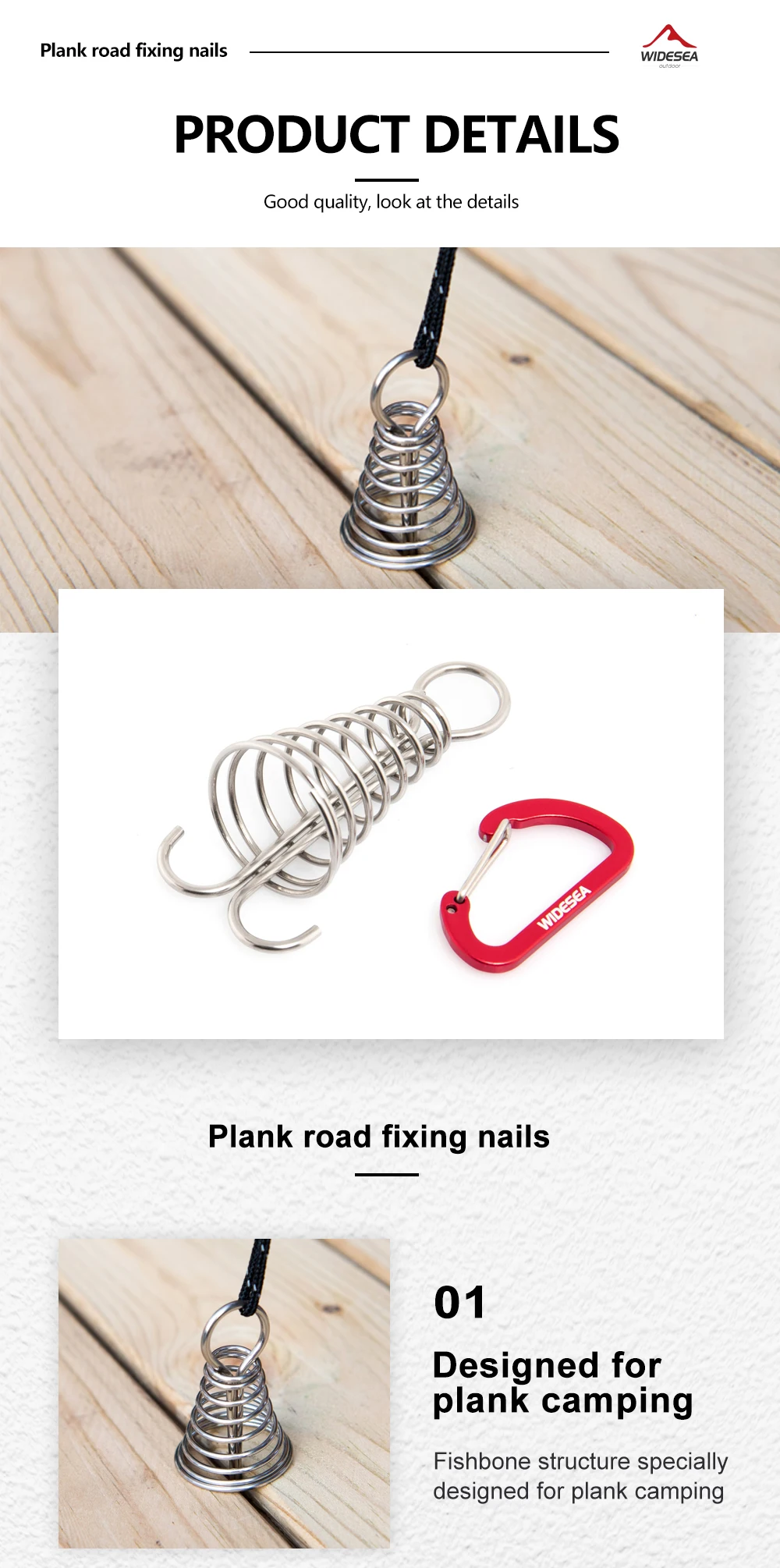 Description Picture 5 of itemWidesea 4PCS Fishbone Nails Floor Boarding Ground Spike Pegs Deck Fixed Spiral Spring Hooks Wind Rope Buckle Tent Accessories