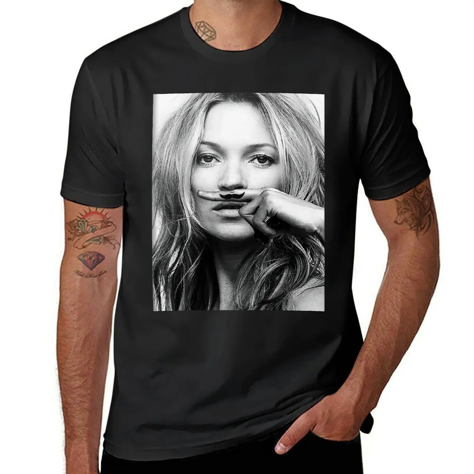 

Kate Moss, Mustache, Black and White Photograph T-Shirt oversizeds Short sleeve tee graphics funnys fitted t shirts for men