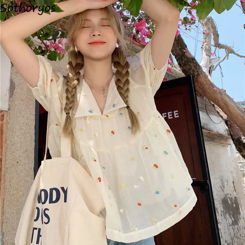 

Blouses Women Print Students Cute Girlish Daily Loose Fashion Casual Summer Elegant Puff Sleeve Korean Style Soft Simple Sweet