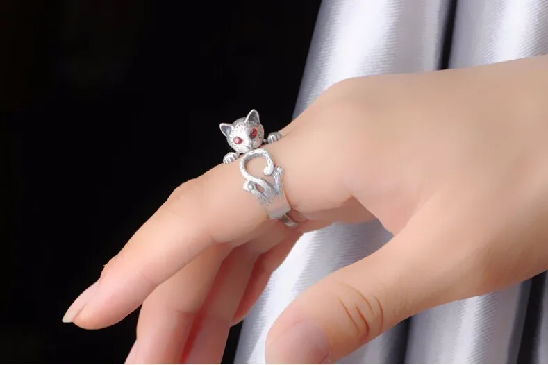 Retro Style Cute Cat Thai Silver 925 Sterling Silver Ladies`adjustable Size Rings Jewelry Gift silver rings silver ring