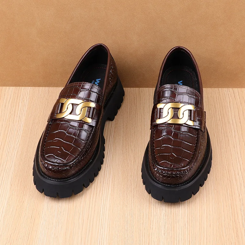 Men's shoes, thick sole, round head, embossed pattern, leather, style, high-grade wedding shoes, handmade, buckle, work we