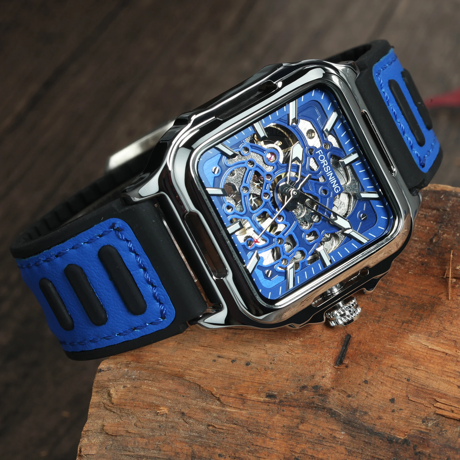 FORSINING Orologio Uomo Automatico Scheletrato – Quadrante Rettangolare, Stile Steampunk, Cinturino In Silicone Blu